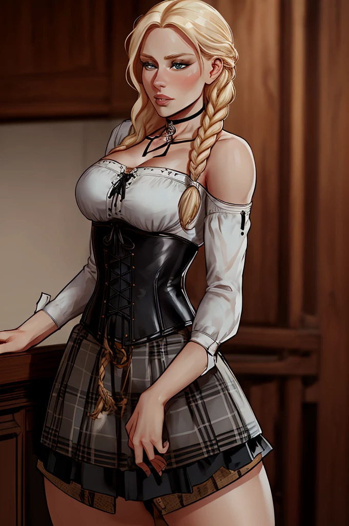 ch3rryg1g, cowboy shot of beautiful blonde lady, braid, black corset, choker, white ornate dreass, plaid skirt