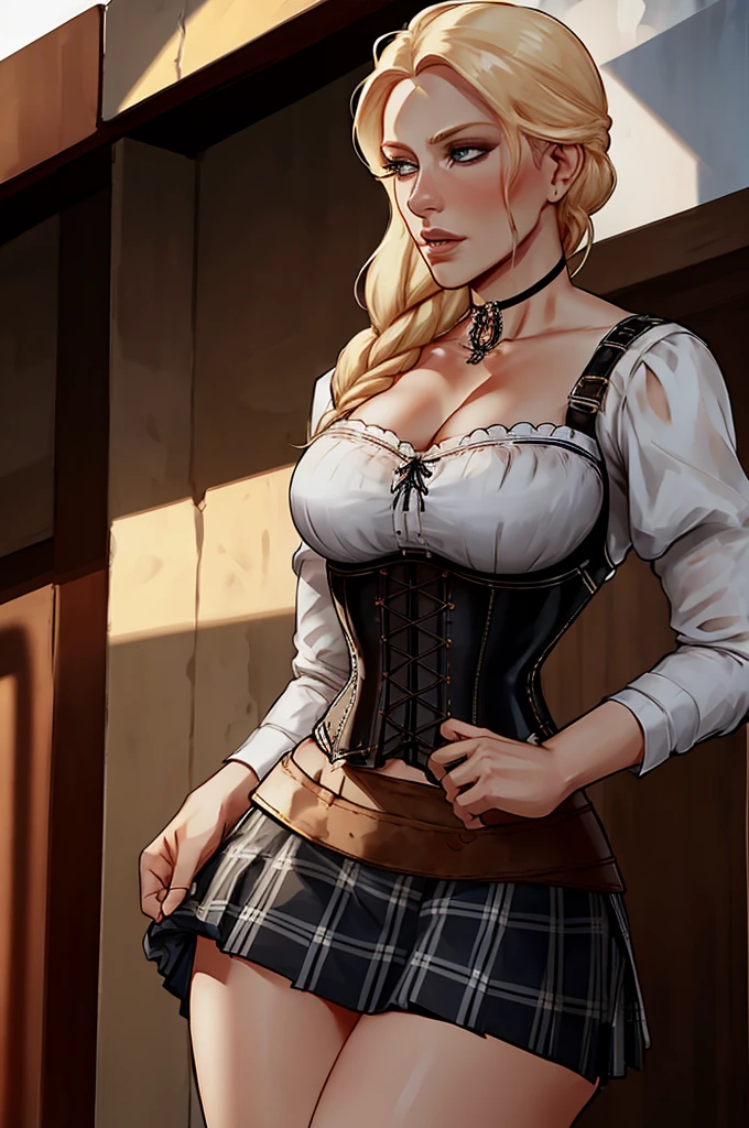 ch3rryg1g, cowboy shot of beautiful blonde lady, braid, black corset, choker, white ornate dreass, plaid skirt  