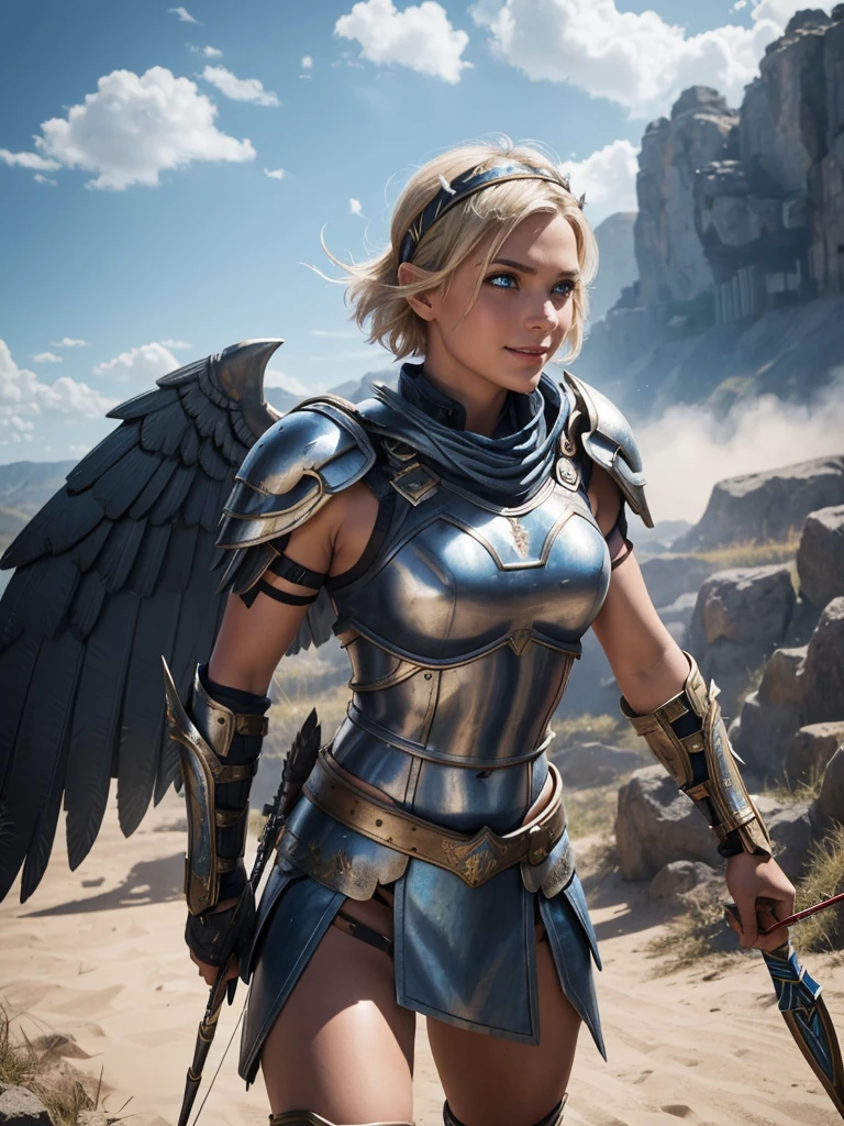 belligerent girl, Valkyrie, bold and beautiful, short blond hair, Blue eyes, smile, Predator's Gaze, Developing hair, A look over the shoulder, headband with metal wings, Sparkling steel, Bow and arrows, Weapon, heat of battle, battle, clouds, realistic photo, high quality, masterpiece, detailed study.