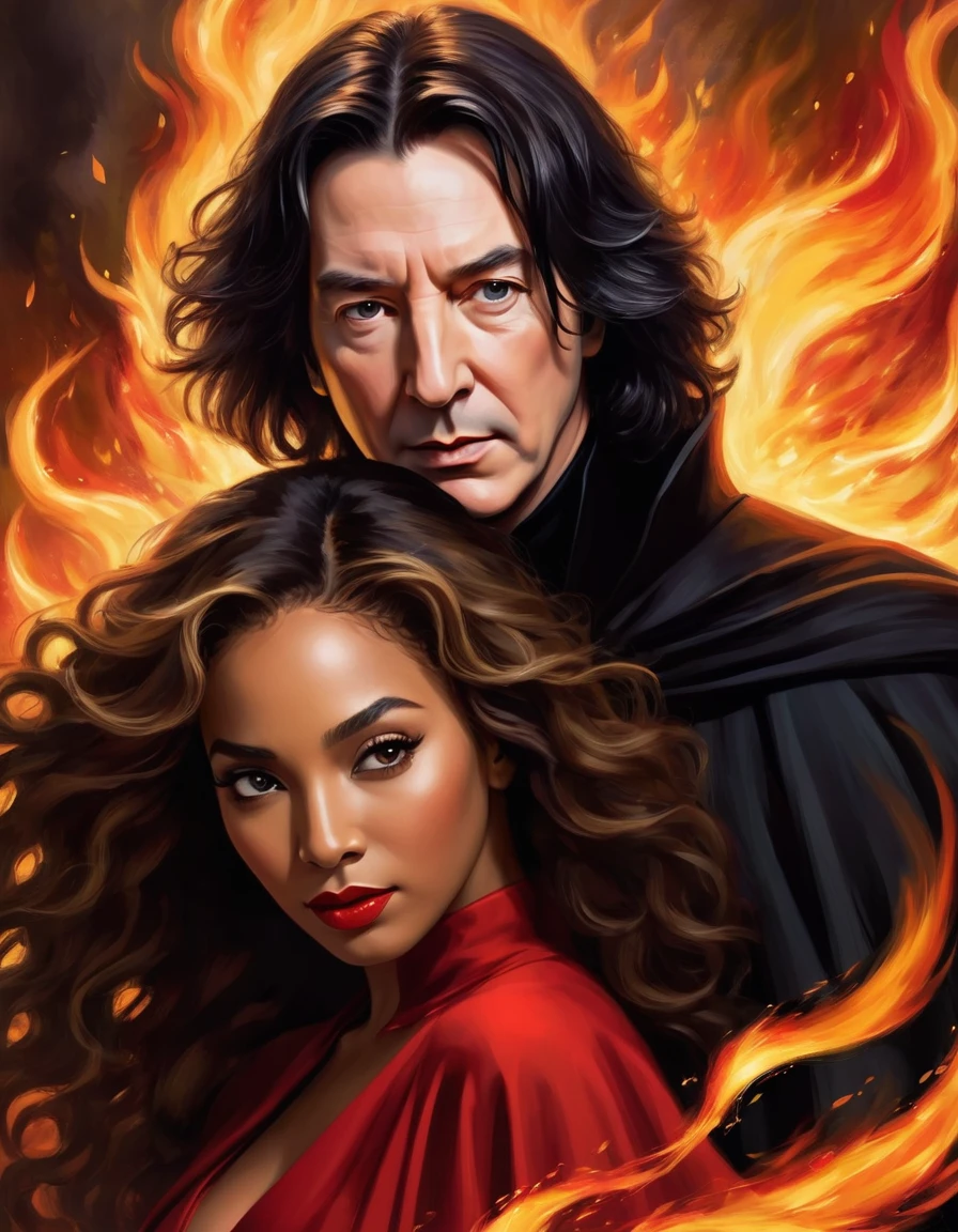 
- Scene: Create an image of two people in love in a setting of mystery and passion.
  
- Woman's Appearance:
  - Resembles Beyoncé
  - Brown skin
  - Long, golden blonde curly hair
  - Confident and seductive expression
  - Wearing a red dress, elegant and form-fitting
  - Lips painted a deep, intense red

- Man's Appearance:
  - Resembles Severus Snape (Alan Rickman)
  - Pale skin
  - Large nose
  - Black, straight hair falling around his face in a somber manner
  - Serious and intense expression
  - Wearing a black cloak, contrasting with the flames around them

- Atmosphere:
  - Surrounded by flames, creating a mystical and fiery ambiance
  - Soft lighting highlighting their faces, enhancing the sparkle in their eyes
  - Flames adding an element of intensity and mystery to the scene
  - They are close to each other, gazing intensely into each other's eyes, exuding a strong emotional connection