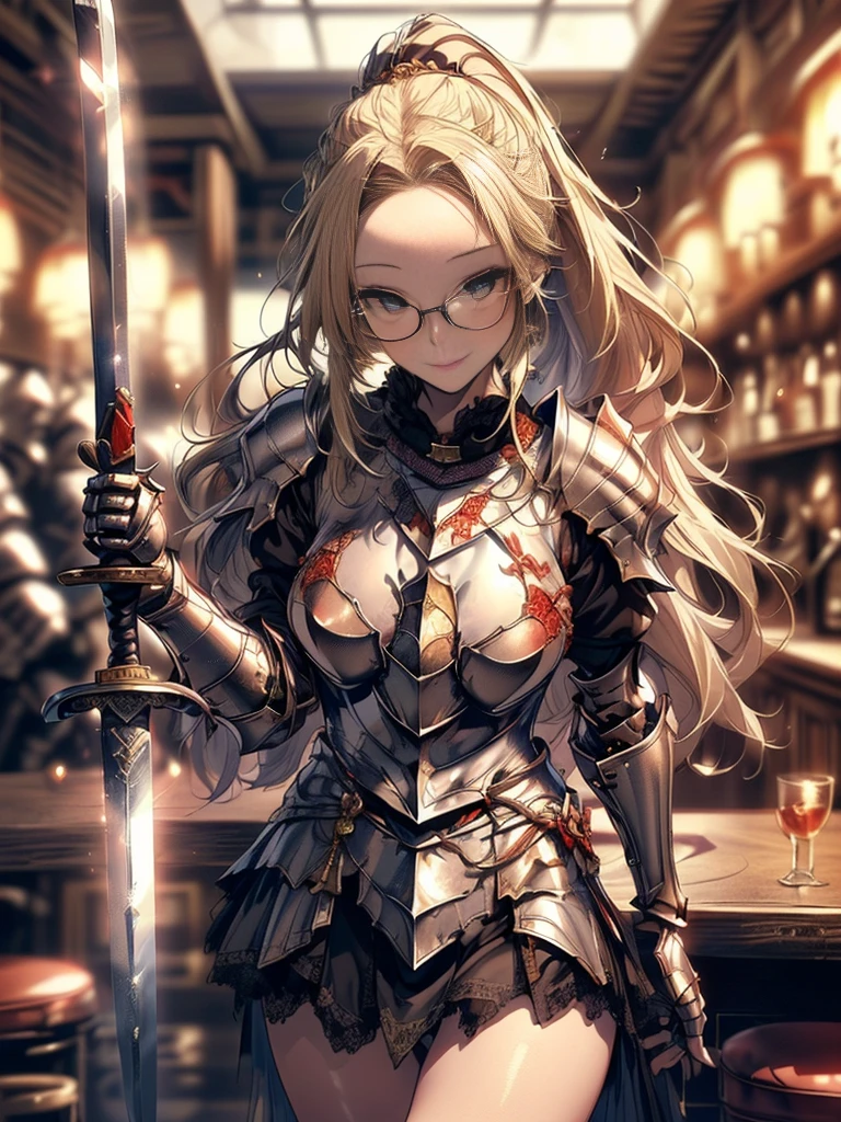 (Highest quality, masterpiece), (Ultra-high resolution, 8k RAW photos, Photorealistic:1.5, Cinema Lighting, Fabric Shading, Thin contours, Clear focus:1.2), Beautiful mature woman, Leaning forward, Long legs, Blonde, (Wearing thin glasses:1.5), (Mature Woman:1.5, 28 years old, alone), (1 female:1.6), (Large Breasts, Saggy breasts, big , Tight waist), whole bodyesbian, (long hair:1.2, Blonde, forehead:1.2,ponytail, straight hair:1.8), (thin and bright pupils, Highlighted, detailed eyes:1.3, A face with attention to detail, perfect face shape, Bloodshot eyes), (A seductive smile, Half-close your eyes:1.2), (Looking at the audience:1.3), (Dutch Angle, whole body:0.5, From below:1.5), ((Correct Anatomy:1.5, The right move)), (Ideal body proportions),(((Fluttering lace flared mini skirt, Sexy silver armor with attention to detail:1.5、red and black boots、Silver Helmet、Silver Gauntlets、Jeweled、Gold decoration)))、Slender、(Thighs Thighs Thighs Thighs:0.8)、(At the bar、Artistic stained glass、Hello Point、Mysterious、Particles of light、Solemn、Nikko is、colorful、Fantastic:1.2)、(Fantastic:1.3)、(Female knight with sword:1.8)、Cross Necklace:1.2, (Dynamic pose),