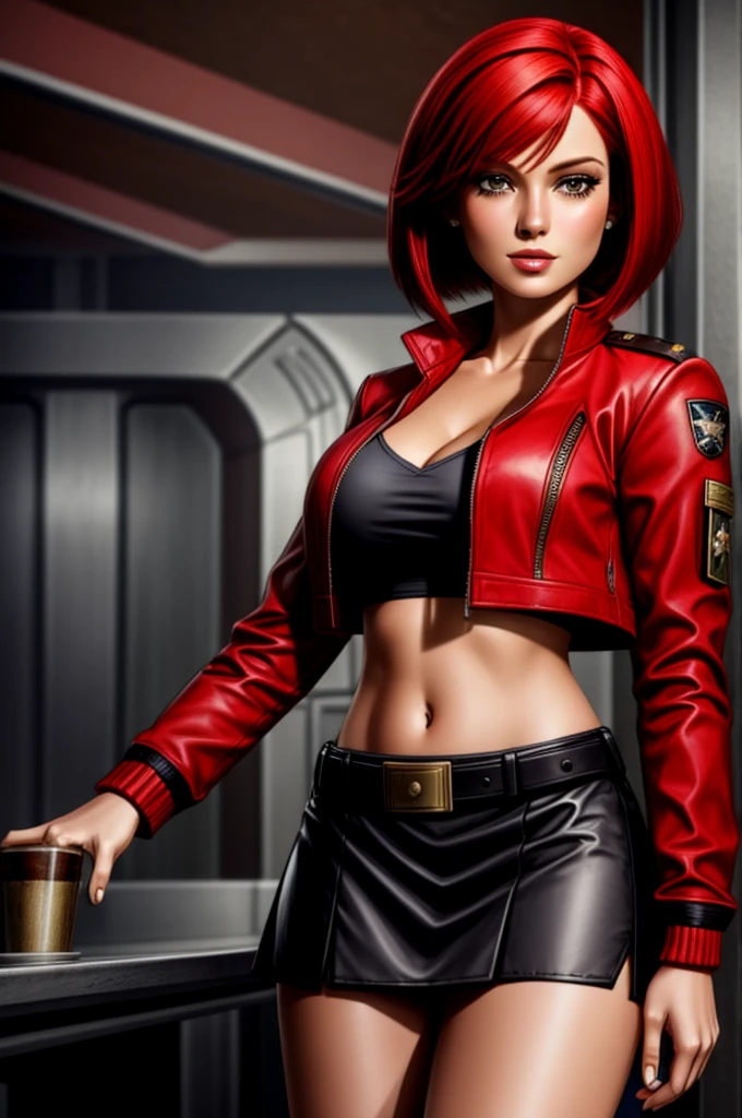red bob cut, beautiful woman, starship captain, short jacket, cowboy shot, flirty, military bearing, standing, pirate, midriff, short skirt