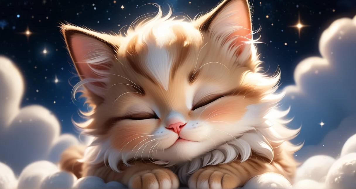 ((Perfect Face)), ((Highest quality)),Ultra-high resolution, 4K, wallpaper, High quality photos, Cute Disney Pixar style light brown and white kitten sleeping on a cloud with eyes closed 15,000 meters above ground。The background is an image of a starry sky shining at night..。