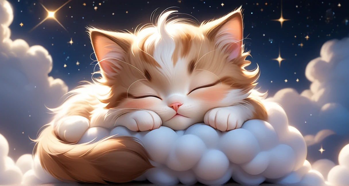 ((Perfect Face)), ((Highest quality)),Ultra-high resolution, 4K, wallpaper,	High quality photos, Cute Disney Pixar style light brown and white kitten sleeping on a cloud with eyes closed 15,000 meters above ground。The background is an image of a starry sky shining at night..。