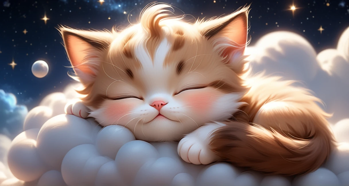((Perfect Face)), ((Highest quality)),Ultra-high resolution, 4K, wallpaper, High quality photos, Cute Disney Pixar style light brown and white kitten sleeping on a cloud with eyes closed 15,000 meters above ground。The background is an image of a starry sky shining at night..。