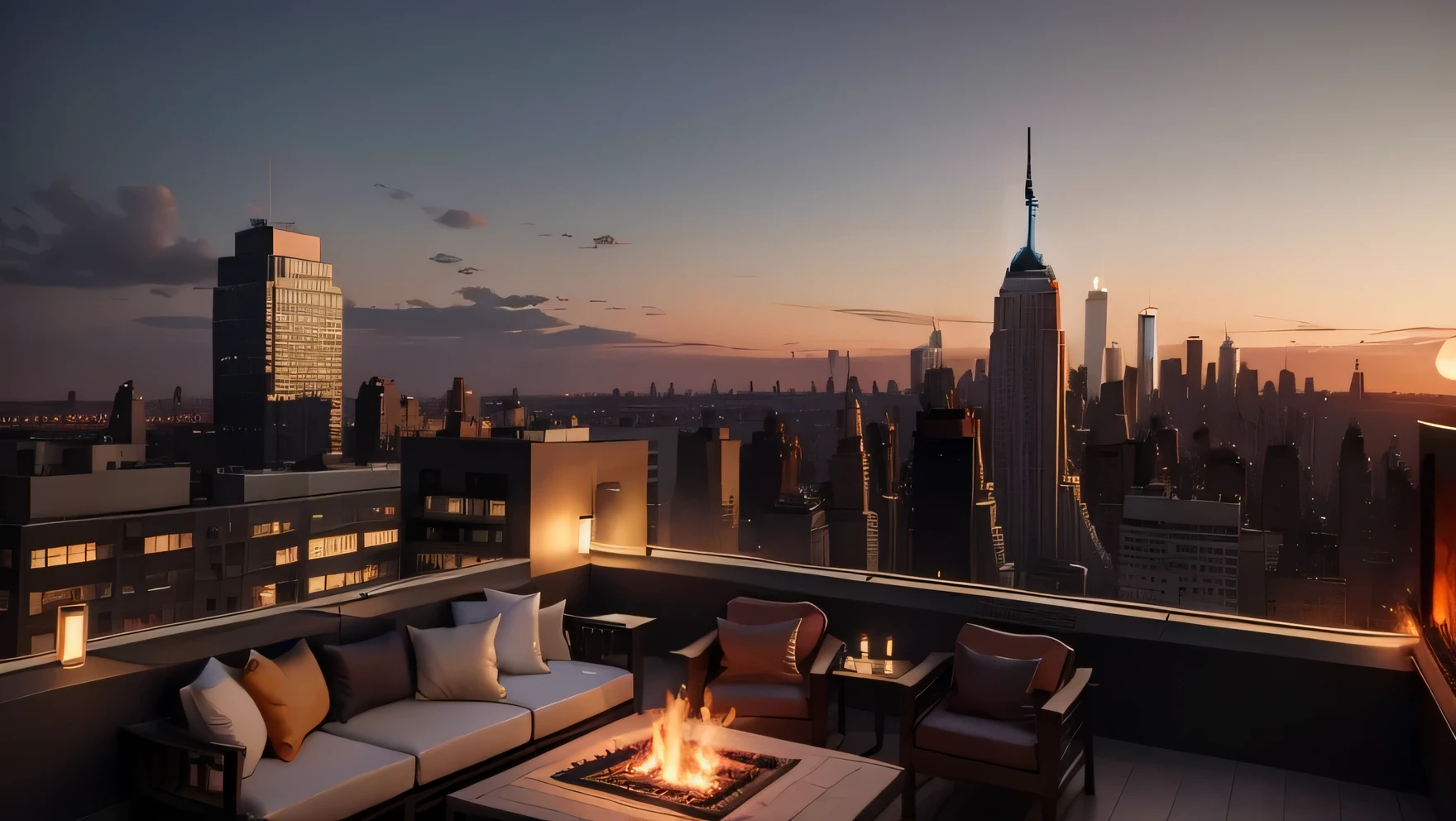Rooftop view of New York City, fireplace, extreamly quente,