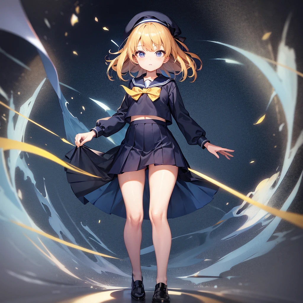 (Sailor suit),(((Navy Mini Skirt))),Revealing clothing,beret,,Cute little ,Tiny ,Small girl,,Childish face, Very fine clean face,Top quality, Big eyes,Straight Hair,Yellow hair,Crimson Eye,(Dark Room), Subtle light, Natural light,Soft lighting,Light from directly behind, (Are standing), Cute pose, (Open your hands), Showing the whole body,Front view,Black background
