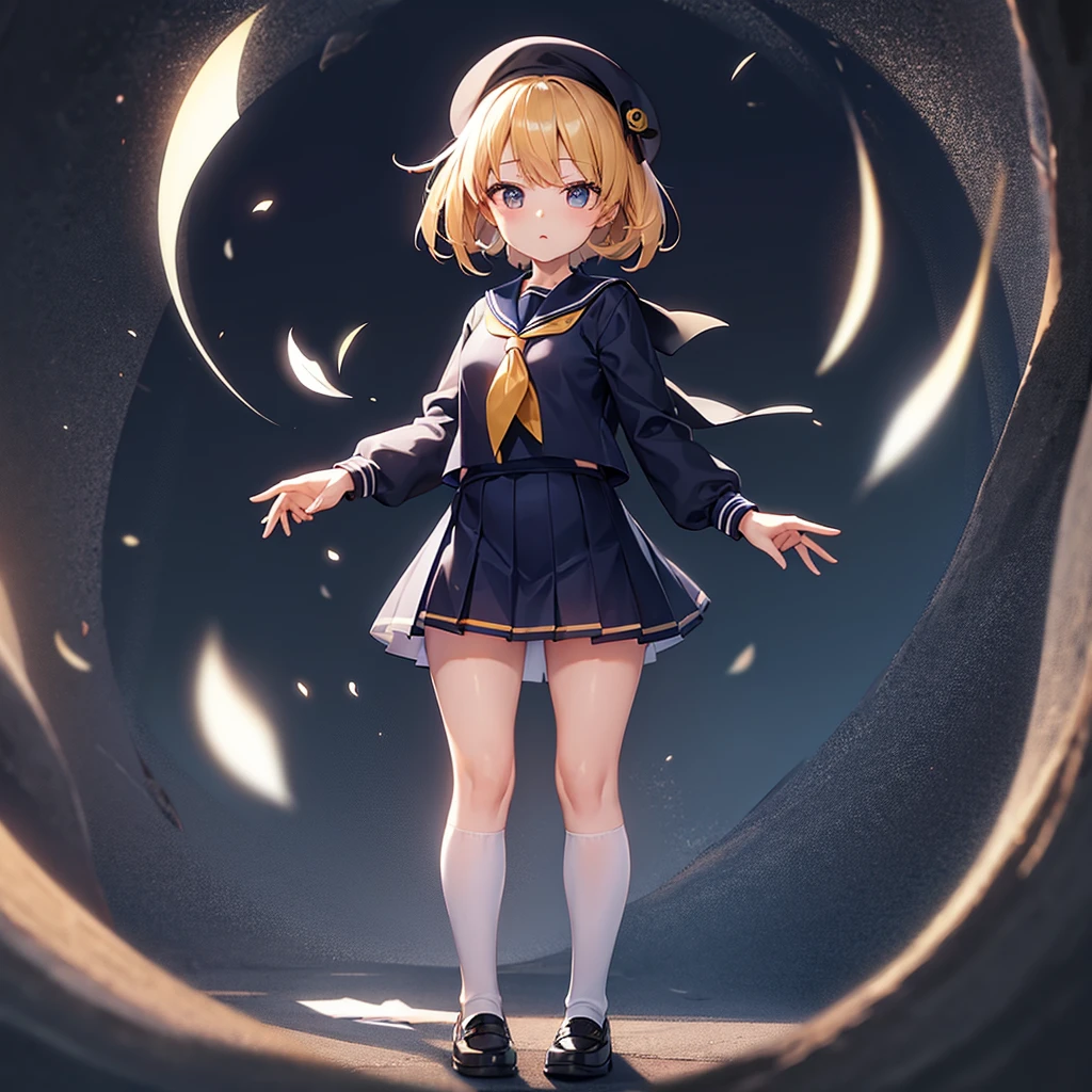 (Sailor suit),(((Navy Mini Skirt))),Revealing clothing,beret,,Cute little ,Tiny ,Small girl,,Childish face, Very fine clean face,Top quality, Big eyes,Straight Hair,Yellow hair,Crimson Eye,(Dark Room), Subtle light, Natural light,Soft lighting,Light from directly behind, (Are standing), Cute pose, (Open your hands), Showing the whole body,Front view,Black background