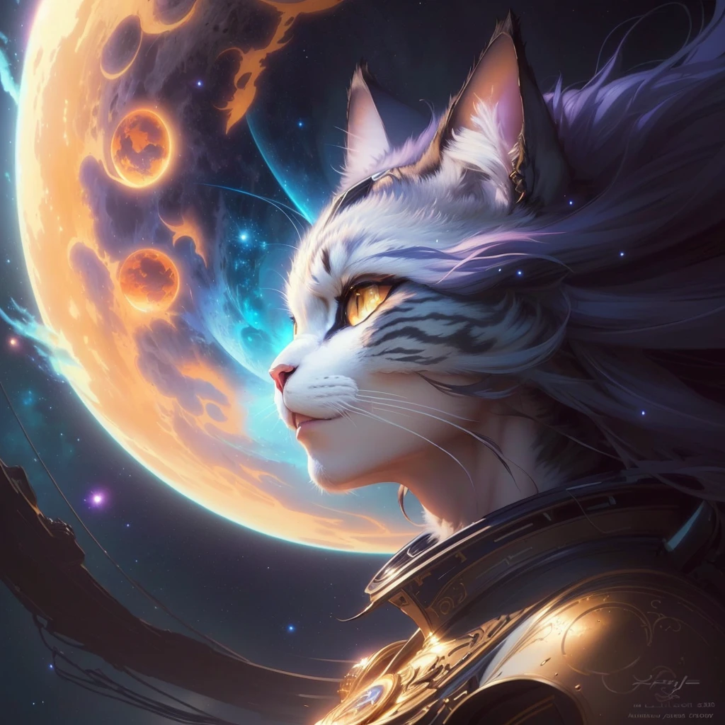 anime cat with a full moon in the background, furry fantasy art, space cat, detailed digital 2d fantasy art, artgerm jsc, high quality fantasy art, artgerm julie bell beeple, beautiful digital artwork, 4k highly detailed digital art, cat warrior, mohrbacher, anthropomorphic female cat, 4k detailed digital art