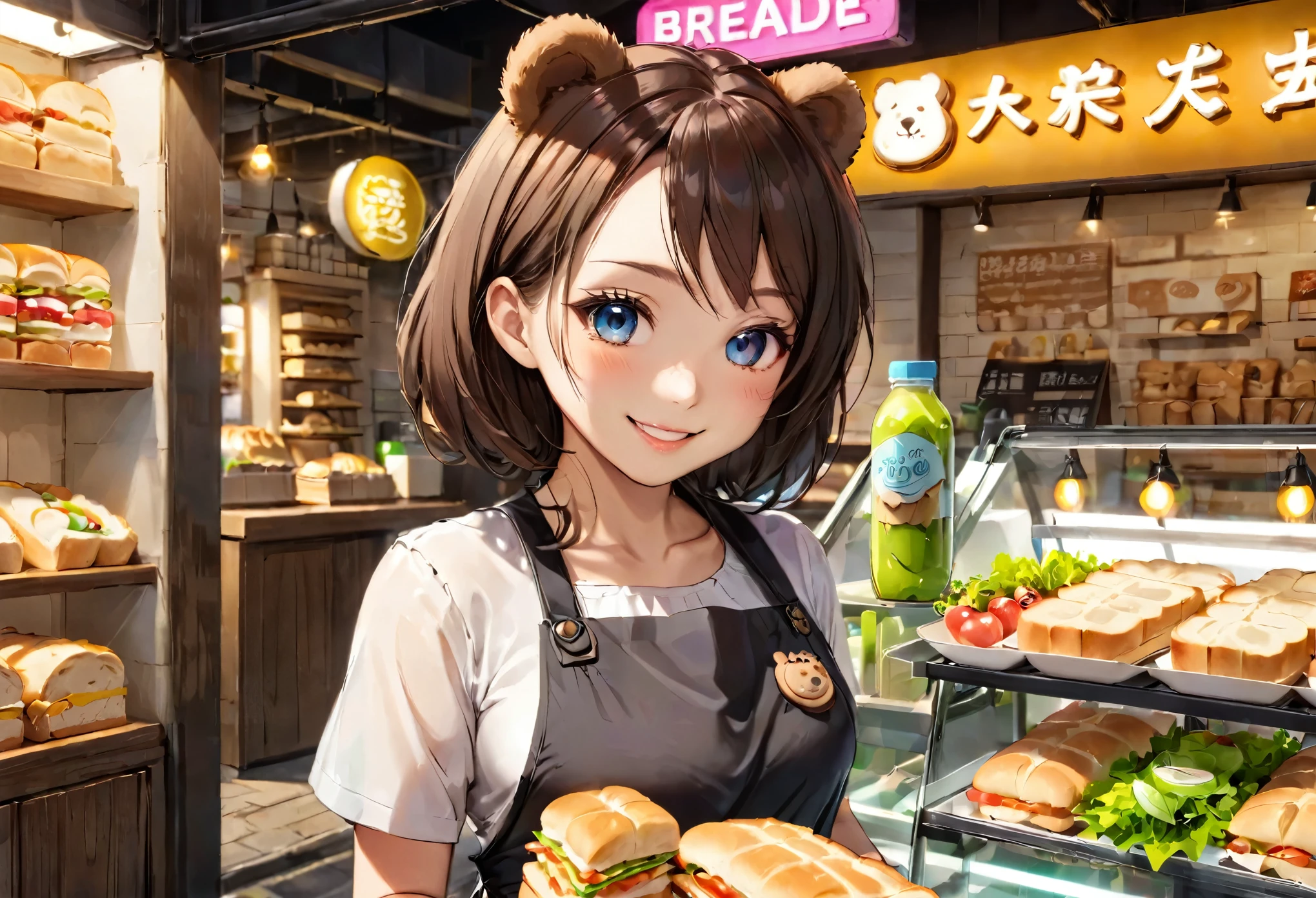 Bread店,A pretty girl,Female shop assistant,Happy smile,beautiful face,制作Sandwiches,_Give,A cute bear shop sign on the wall,小熊Bread,neon light,Bread,biscuit,Sandwiches,Salad,Bottled drinks,anime,Nice background,Depth of Field,CG unity,illustration,