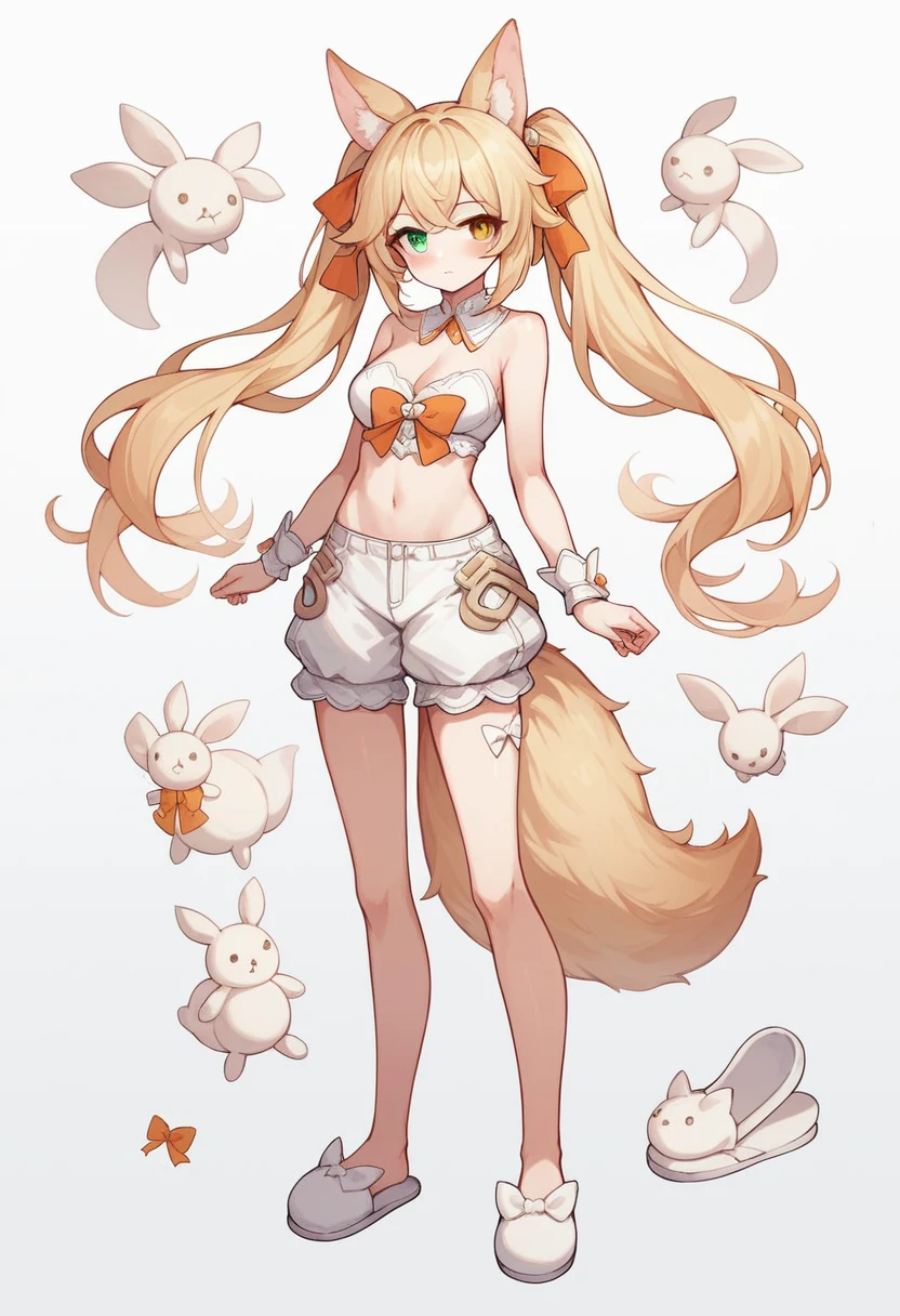 1girl, animal ears, bangs, bare shoulders, blonde hair, blush, bow, breasts, white cleavage, cropped torso, , green eyes, hair ribbon, heterochromia, stlooking at viewer, orange bow, orange eyes, orange ribbon, ears like an unearthly animal, fluffy tail, light tail, real tail, ribbon, solo, stuffed animal,twintails, upper body, full-length, white legbands, white shoes with lace and white bows, white background, wrist cuffs, yellow eyes, bloomers, close-up, fair skin frills, lace, midriff, skirt, solo, , white background,shorts, white top with ribbon and lace and trousers,trousers, genshin,white slippers with a bow,All clothes are white, laceAt full height, it stands, в полный рост,completely naked