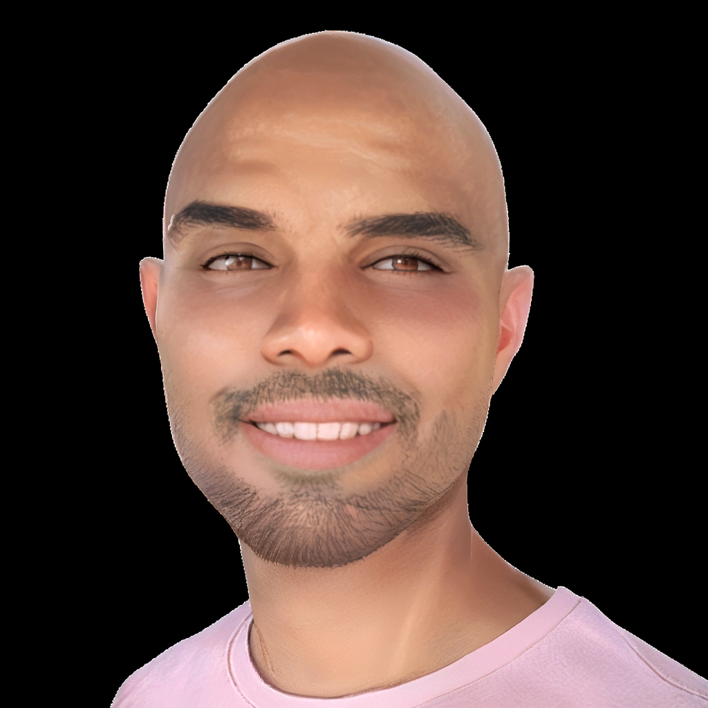 a bald boy with a beard and brown eyes, with a very beautiful smile