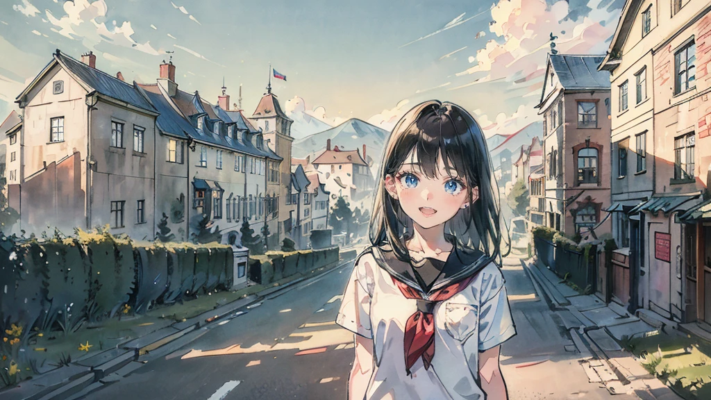 Ultra High Quality, masterpiece, high resolution, accurate anatomy, accurately describe a person, Beautiful illustration, 2 high school girls, cute face, happy, black hair, Historic buildings, quaint school buildings, beautiful movie, 