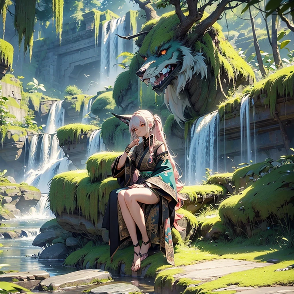 generate a sitting down with unique pose upto high angle view image of detailed photo hyperrealistic 8bit cubbism pixel detailed mysterious pink demonic fox, badass with intricate golden engrave symbols with anime artstyle fiery eyes a elongated tattered green divinal robe with cursive marking , doing a unique pose in a background full of details a ancient temple , filled with moss and eerie waterfall , with gigantic post using , super refined details clear clarity , high definition , unreal engine in super hd , high definition 32k resolution