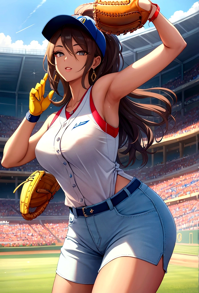 Beautiful woman catching a baseball with a glove