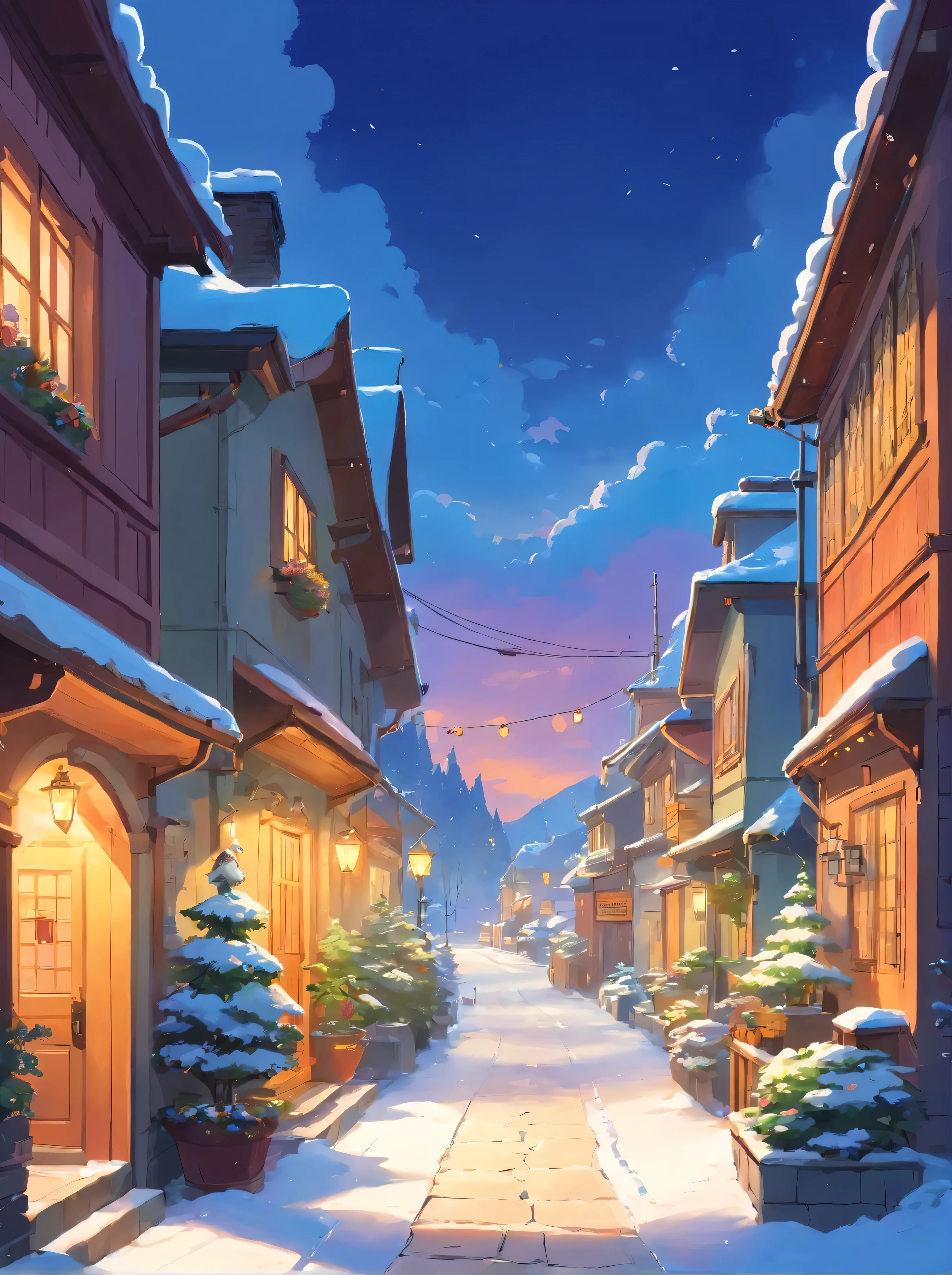 painting of a canada montreal, beautiful snowy view, beautiful calm lofi vibe,bushes,flowers, residential area,golden hour, snowy night,dusk,4k hd, cloud,beautiful art uhd 4 k, a beautiful artwork illustration, beautiful digital painting, highly detailed digital painting, beautiful digital artwork, detailed painting 4 k, very detailed digital painting, rich picturesque colors, gorgeous digital painting