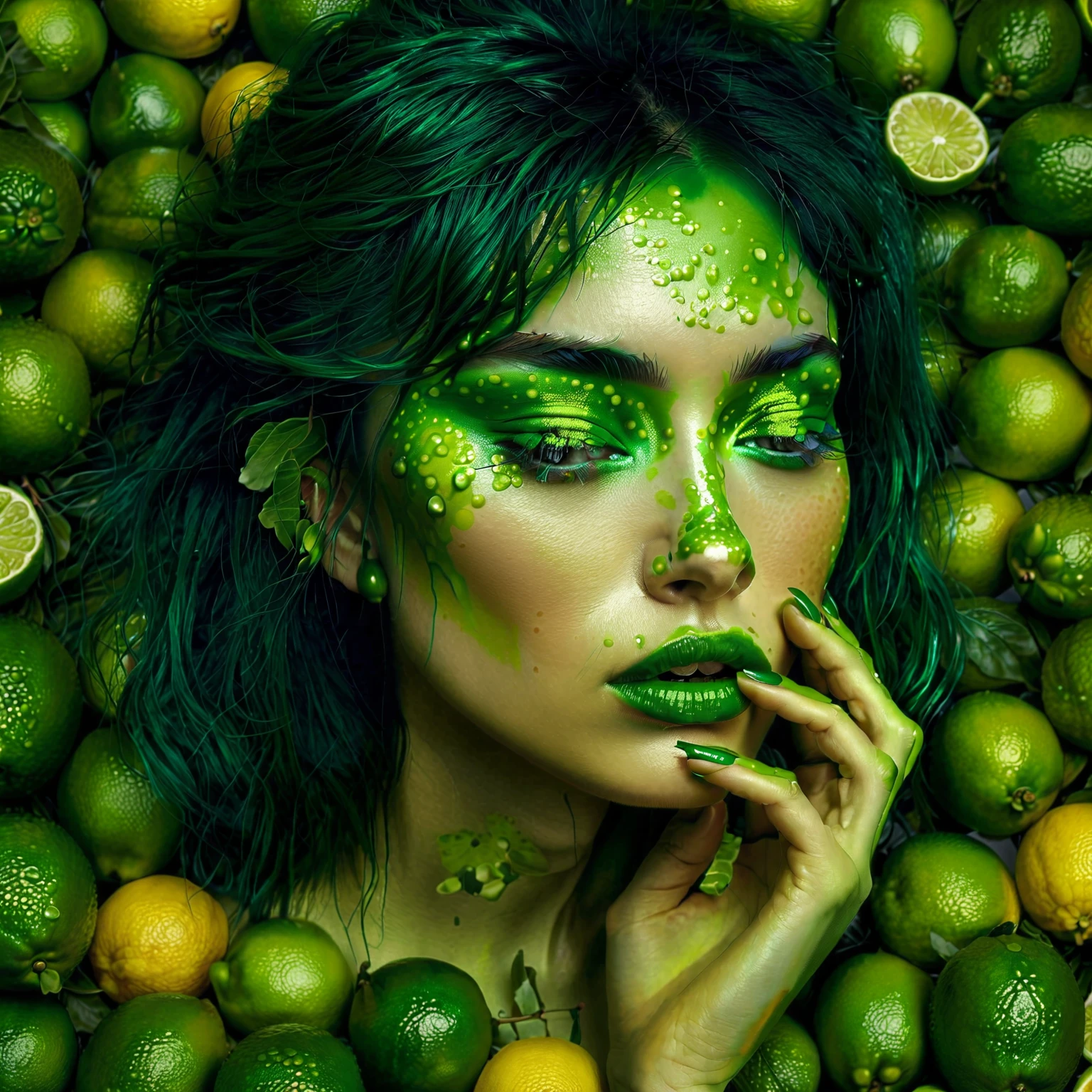there is a woman with green hair and green makeup with limes, inspired by Hedi Xandt, green skin!, inspired by David LaChapelle, inspired by Dino Valls, green skin, hyperrealism photography, hyper-realistic photography, green face, green colored skin!!, hyperrealism artstyle, hyperrealistic mixed media, hyper realistic photography