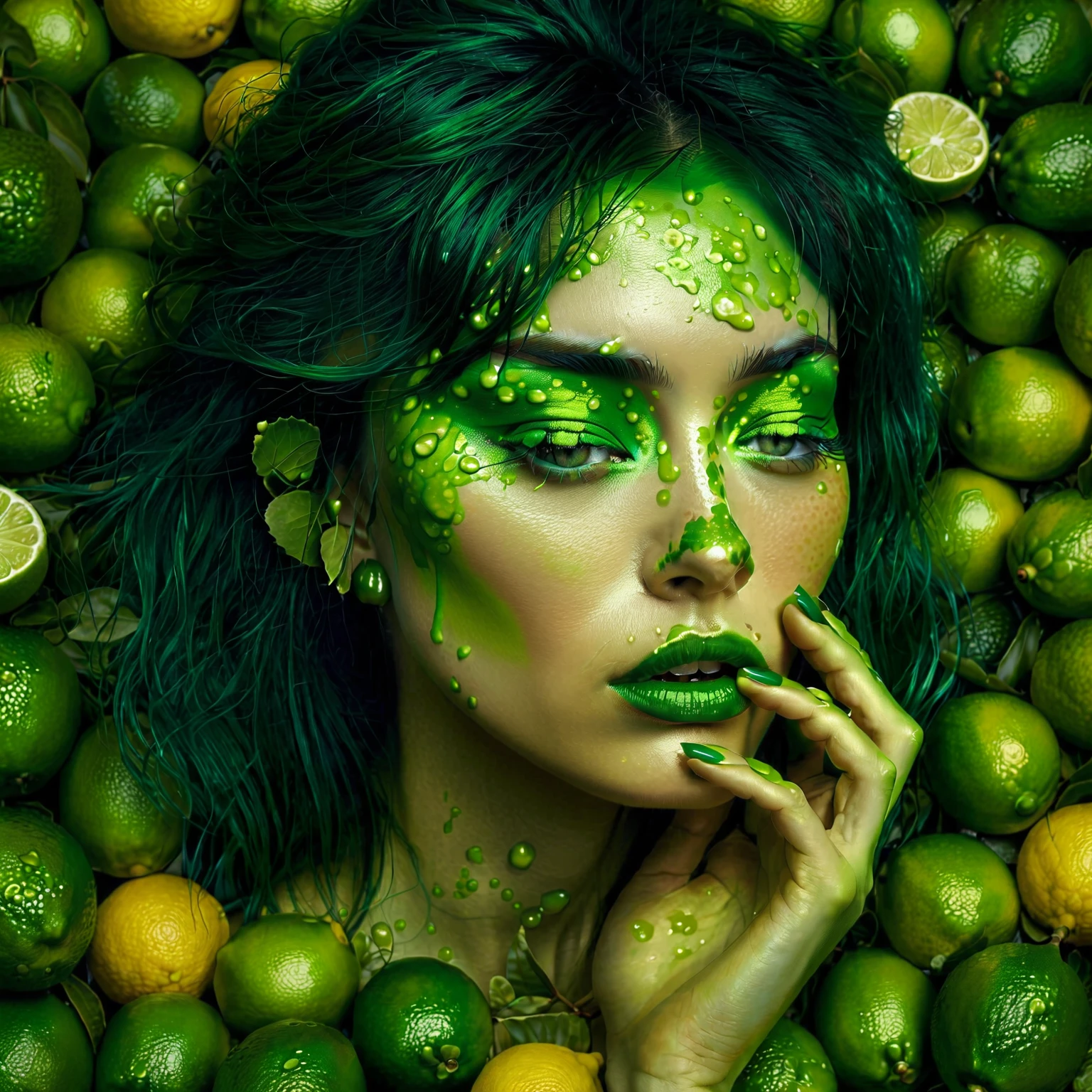 there is a woman with green hair and green makeup with limes, inspired by Hedi Xandt, green skin!, inspired by David LaChapelle, inspired by Dino Valls, green skin, hyperrealism photography, hyper-realistic photography, green face, green colored skin!!, hyperrealism artstyle, hyperrealistic mixed media, hyper realistic photography