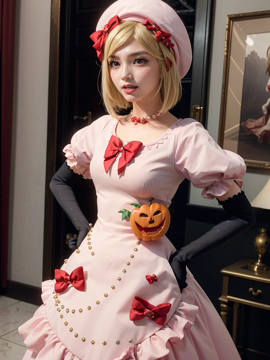 (1 lady), The beautiful, (Best quality at best:1.4), (ultra - detailed), (extremely detailed CG unified 16k), gold blonde hair, very detailed, High-definition RAW color photo, professional photoshooting, amazing face and eyes, cosmetics, (amazingly beautiful girl), ((lambdadelta, tall woman, taller)), ((dress, red bow, pink hat, necklace, gloves, pearl, pink dress)), standing, realistic cinematic face, photo portrait, upper body (shoulders to head), photorealistic, ((realistic natural blonde hair style, scarlet red eyes)), gorgeous, extremely beautiful face, perfect model beauty, pout mouth, flirting smile, cleavages, city girl, western, (masterpiece), best quality, high resolution, extremely detailed, blurred background, depth of field, cinematic lighting, clear and well-cared skin, jack-o'-lantern on dress,