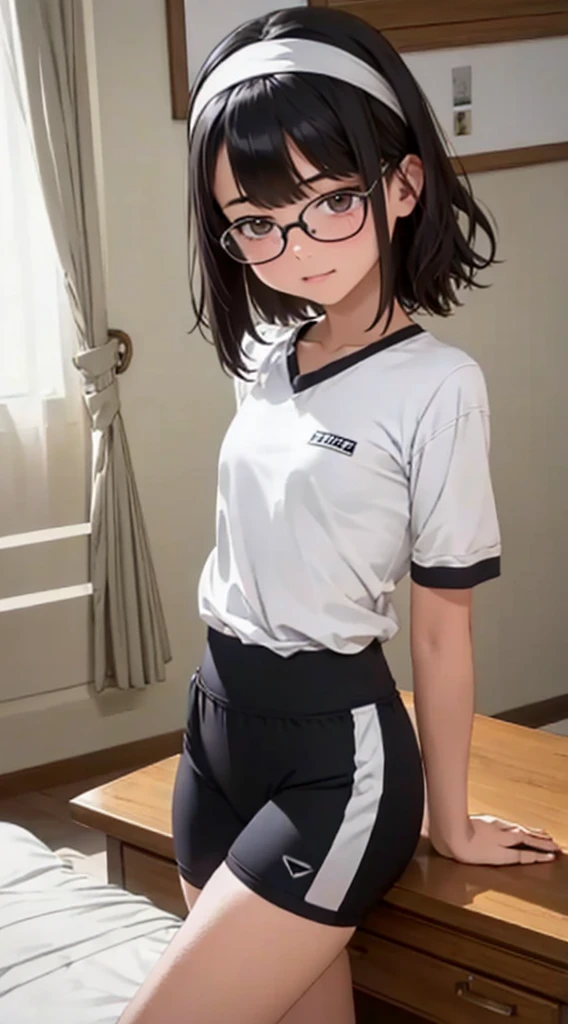 (Tabletop, Highest quality, Capture the cutest moment, Depth of written boundary, Ultra-detailed, Ultra-high resolution, C4D, Octadale, 3D Modeling, 8K, 16K, One Girl,Middle school students, small ,Black-haired,short hair,Straight Hair,Light brown eyes,White headband,Wearing black glasses,Cute face), See-through gym clothes、bloomers、Shabby room,knight,Moonlight, Recall,