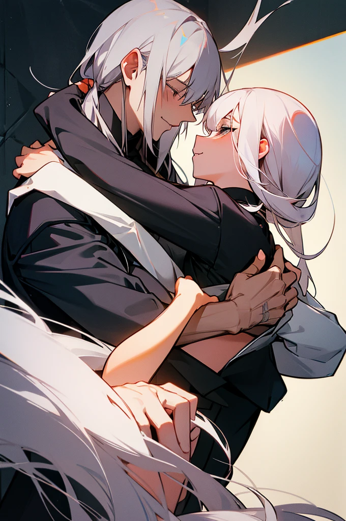 sexual relationship between a man and a woman. woman long white hair. man short black hair, both have their eyes closed