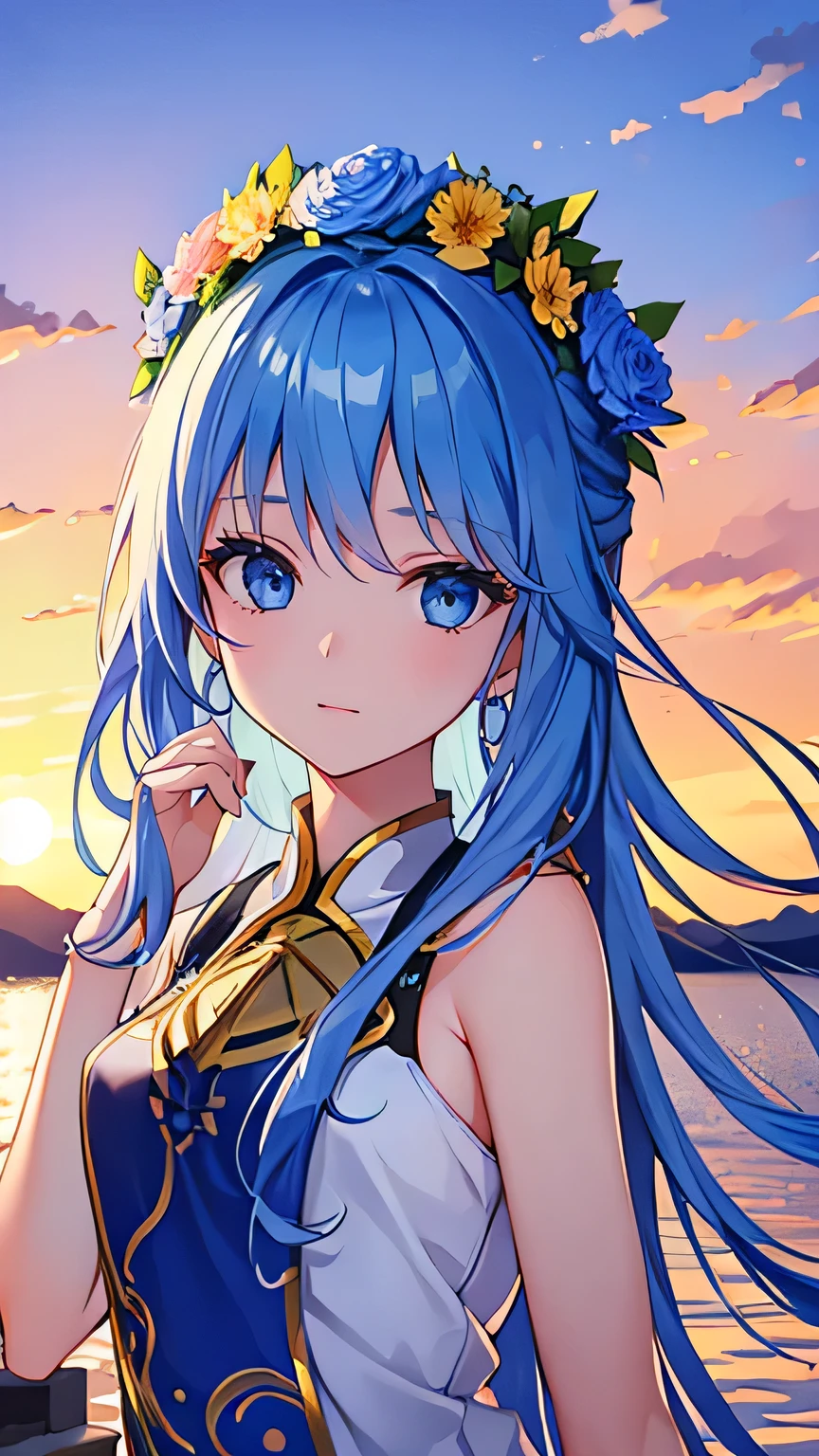 20-year-old woman in Ukrainian costume、Blue eyes with a flower crown on his head、River and blue sky in the background、Afternoon light and sunset realistic illustration