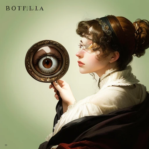 there is a woman holding a mirror in her hand, eyeball, in a style blend of botticelli, eye, only eyeball, an eye, in a style combining botticelli, inspired by Artemisia Gentileschi, inspired by Orazio Gentileschi, in a high renaissance style, cover art, renaissance digital painting