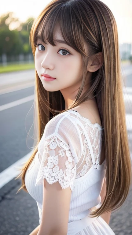 Sexy Big 、Sexy cute looks and cute 15 year old beautiful girl, beautiful and sexy face、A strong wind blows my hair in front of my face、With straight blonde hair、beautiful, Cute and sexy eyes hidden behind long bangs、Cute Lace Queen