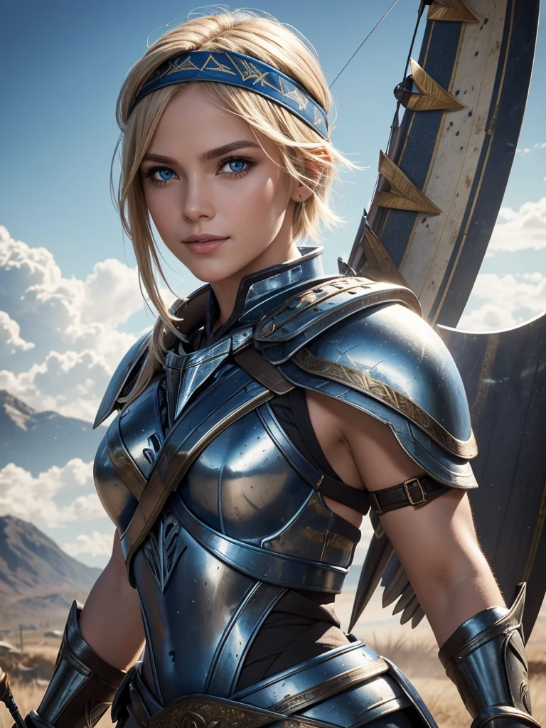 belligerent girl, Valkyrie, bold and beautiful, short blond hair, Blue eyes, smile, Predator's Gaze, Developing hair, A look over the shoulder, headband with metal wings, Sparkling steel, Bow and arrows, Weapon, heat of battle, battle, clouds, realistic photo, high quality, masterpiece, detailed study.