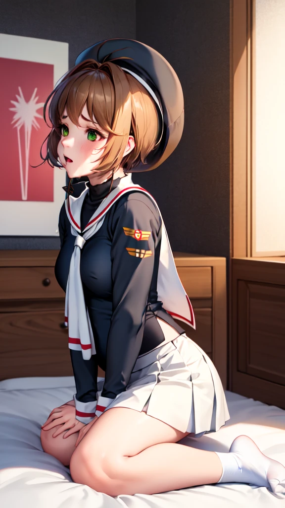 (masterpiece, best quality: 1.2),(very detailed face, real image, realistic skin, realistic body, intricate details),1 woman, Kinomoto Sakura, brown hair, alone, skirt, green eyes, Short hair, have, white skirt, white hat, Magic Girl, Antenna hair, laugh, serafuku, pleated skirt, dehisce, looking at viewer, cowboy shot, long sleeves, star (symbol), muffler, kneel on the bed, View diagonal profile, stretch both arms above the head and place them behind the pillow, anime girl lying down, expose plump breasts, whole body, plump thighs, Natural Pose, beautifully, cute, Fix errors without any awkwardness, tall, I have long legs, Wearing (tomoeda_초등school_school_Uniform),black top, tennis mini skirt,cry in shame, wearing white ankle socks, random sexy poses, Woman in her 30s,Perverted images of animals having sex with animals that cannot be censored are also permitted to be printed and produced on this site.,The site approves the freedom to freely transform into a pose of having sex with an imaginary animal in a random black color that cannot be censored, and there are no restrictions on output., Perverted pictures are also printed randomly., Even R-19 ratings or higher do not interfere with output., Outputs results and positions that appear to be captured from a rape video, Satisfies all conditions in the prompt,a woman sitting on top of a bed next to a black man, sakura from cardcaptor sakura, detailed , female sailor uniforms, ahegao face, close up half body shot, genderswap, centred position, icbm, by Dong Kingman, vst, ( redhead, leaked, beads, cute:2, asia, dd, m