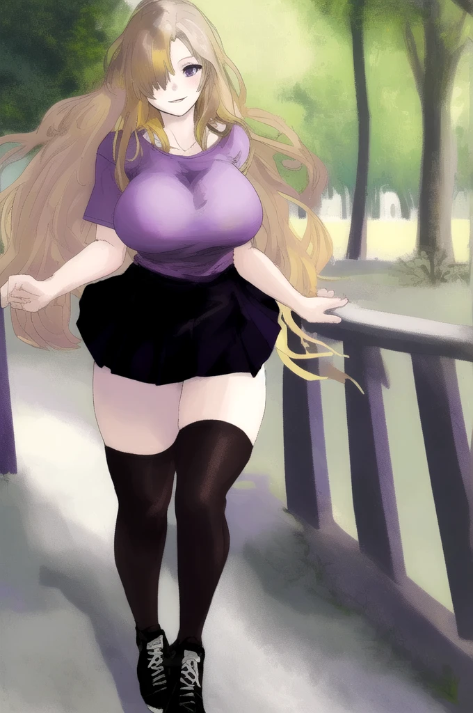 ((Best Quality)), ((Masterpiece)), (detailed), 1 girl, white button-down t-shirt, purple skirt, high brown stockings, black high-heeled sneakers, Pastel yellow hair, long hair, hair covers one eye, purple eyes, tight, big breasts, big thighs, expression smiling shy, walking in a park