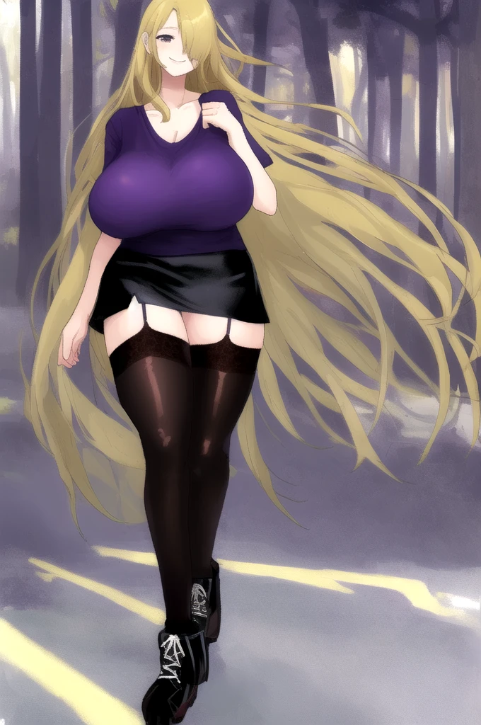 ((Best Quality)), ((Masterpiece)), (detailed), 1 girl, white button-down t-shirt, purple skirt, high brown stockings, black high-heeled sneakers, Pastel yellow hair, long hair, hair covers one eye, purple eyes, tight, big breasts, big thighs, expression smiling shy, walking in a park