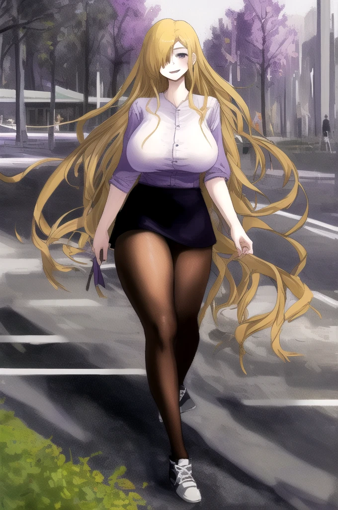 ((Best Quality)), ((Masterpiece)), (detailed), 1 girl, white button-down t-shirt, purple skirt, high brown stockings, black high-heeled sneakers, Pastel yellow hair, long hair, hair covers one eye, purple eyes, tight, big breasts, big thighs, expression smiling shy, walking in a park