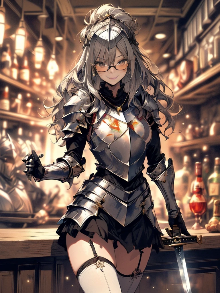 (Highest quality, masterpiece), (Ultra-high resolution, 8k RAW photos, Photorealistic:1.5, Cinema Lighting, Fabric Shading, Thin contours, Clear focus:1.2), Beautiful mature woman, Leaning forward, Long legs, Gray Hair, (Wearing thin glasses:1.5), (Mature Woman:1.5, 28 years old, alone), (1 female:1.6), (Large Breasts, Saggy breasts, big , Tight waist), whole bodyesbian, (medium short Gray Hair, Hair on one eye, (Updo:1.2), Side Lock, Asymmetrical Hair, Wavy Hair), (thin and bright pupils, Highlighted, detailed eyes:1.3, A face with attention to detail, perfect face shape, Bloodshot eyes), (A seductive smile, Half-close your eyes:1.2), (Looking at the audience:1.3), (Dutch Angle, whole body:0.5, From below:1.5), ((Correct Anatomy:1.5, The right move)), (Ideal body proportions),(((Fluttering lace flared mini skirt, Sexy silver armor with attention to detail:1.5、red and black boots、Silver Helmet、Silver Gauntlets、Jeweled、Gold decoration)))、Slender、(Thighs Thighs Thighs Thighs:0.8)、(At the bar、Artistic stained glass、Hello Point、Mysterious、Particles of light、Solemn、Nikko is、colorful、Fantastic:1.2)、(Fantastic:1.3)、(Female knight with sword:1.8)、Cross Necklace:1.2, (Dynamic pose),