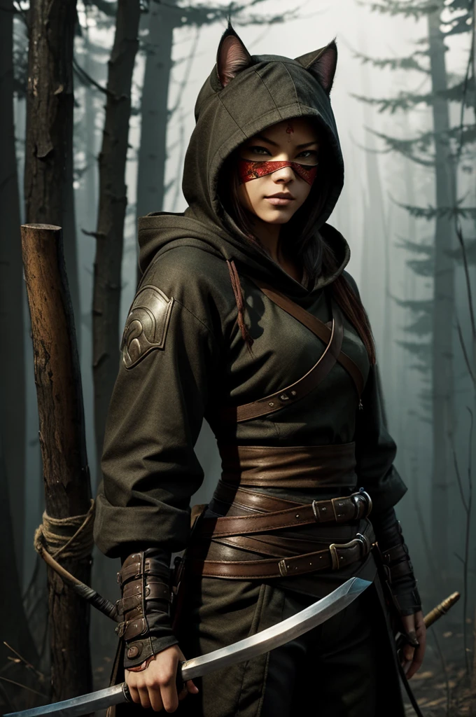 a woman in a cat mask and a hood holding a samurai, forest hunter lady, portrait of female rogue, beautiful rogue lady, stunning character art, alena aenami and artgerm, female forest archer, female rogue, epic exquisite character art, female assassin, wojtek fus, beautiful character painting, beautiful female assassin, beautiful full body concept art