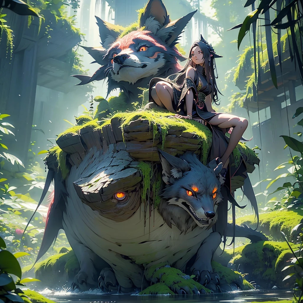 generate a sitting down with unique pose upto high angle view image of detailed photo hyperrealistic 8bit cubbism pixel detailed mysterious pink demonic fox, badass with intricate golden engrave symbols with anime artstyle fiery eyes a elongated tattered green divinal robe with cursive marking , doing a unique pose in a background full of details a ancient temple , filled with moss and eerie waterfall , with gigantic post using , super refined details clear clarity , high definition , unreal engine in super hd , high definition 32k resolution