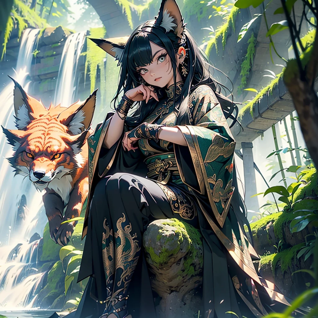 generate a sitting down with unique pose upto high angle view image of detailed photo hyperrealistic 8bit cubbism pixel detailed mysterious pink demonic fox, badass with intricate golden engrave symbols with anime artstyle fiery eyes a elongated tattered green divinal robe with cursive marking , doing a unique pose in a background full of details a ancient temple , filled with moss and eerie waterfall , with gigantic post using , super refined details clear clarity , high definition , unreal engine in super hd , high definition 32k resolution