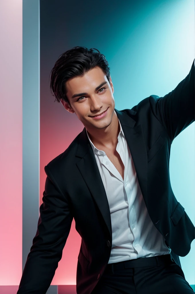 A young men with dark hair and a confident smile he is dress a black blazer over a white shirt and glass on eyes a man is positioned against aqua colour backdrop with a subtie red lighting of the rate site and posing for linkedin profile