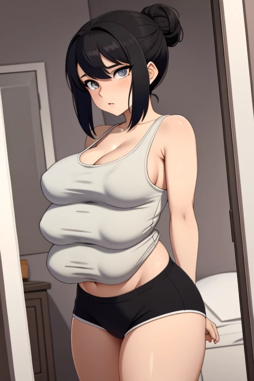 2heads, a short chubby woman with 2 heads. She has four giant breasts. She is in a bedroom. She is wearing a baggy tank top. She has short black hair in a bun. She has four huge breasts. She is relaxed. She looks mature. She is extremely short. She looks seductive and aroused, grabbing breasts. She has two legs with thick thighs. She is wearing eyeliner. Nerdy, shy. Futa, huge penis.
