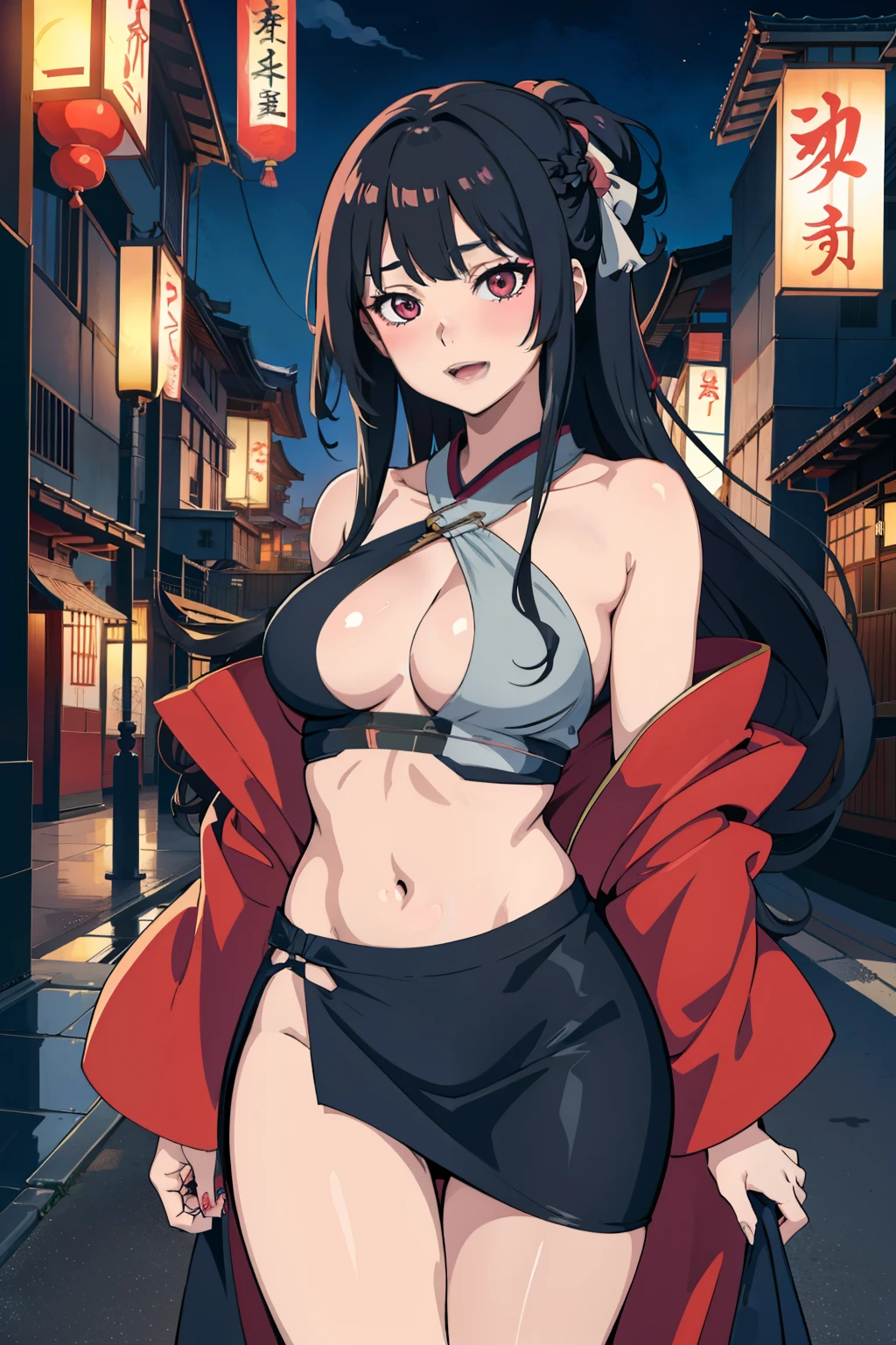 ak12, 1girl, black hair, medium breasts, bangs, open eyes, long hair, blush, lipstick,, masterpiece, best quality, highly detailed, a anime girls in kimono dress with a sword posing for a picture, bare shoulder,open kimono, evil smile, open mouth, crop top , (nsfw) not safe for work, smile, ecchi anime style, anime girls, ecchi style, ecchi, digital anime art!!, in anime style, official artwork, visual novel cg, beautiful anime girl, anime style 4 k, kimono pencil skirt, exposed belly, exposed navel, exposed midriff, exposed lower belly, outdoor, japanese architecture, temple