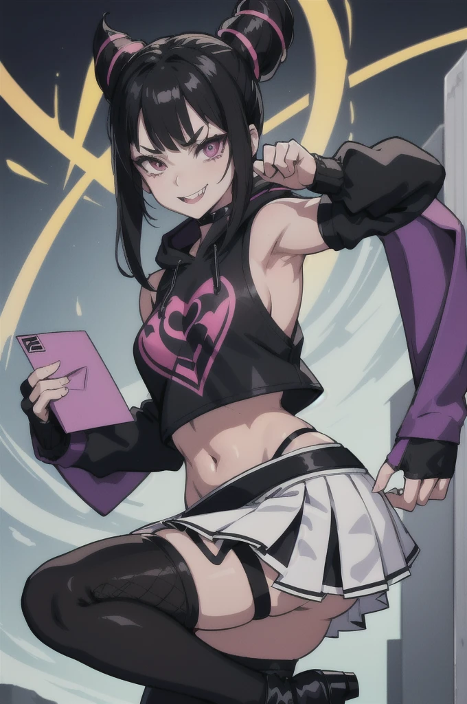 Juri Han (Street Fighter), black alan walker hoodie with white alan walker logo design of a letter "A" and "W" combined letters, white miniskirt, fishnet stockings, black punk boots, black fingerless gloves, midriff
masterpiece, best quality, absurdres, evil smile, night, city