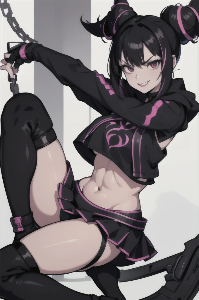 Juri Han (Street Fighter), black alan walker hoodie with white alan walker logo design of a letter "A" and "W" combined letters, white miniskirt, fishnet stockings, black punk boots, black fingerless gloves, midriff
masterpiece, best quality, absurdres, evil smile, night, city