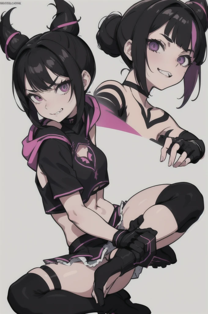 Juri Han (Street Fighter), black alan walker hoodie with white alan walker logo design of a letter "A" and "W" combined letters, white miniskirt, fishnet stockings, black punk boots, black fingerless gloves, midriff
masterpiece, best quality, absurdres, evil smile, night, city