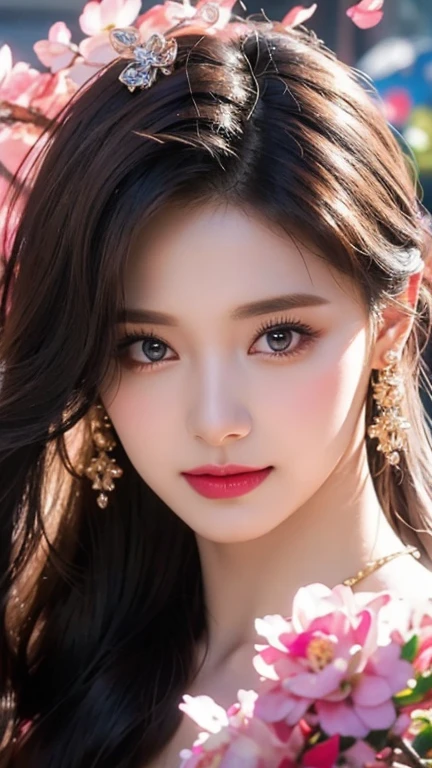stunning beauty, Aesthetic, Oil painting style, thick coating, Women with incomparable style, Exquisite facial makeup, Black hair, long hair and waist, long eyelashes, Dark brown pupil eyes, exquisite nose, Lip balm, Inseparable strands, Beautiful posture, Graceful curves, Plump ideal type, Super special exaggerated huge breast weight, Bold, Elegant, Extravagant artistic acts, romanticism, (Fractal Art), Vibrant colors, Sunny glare smooth skin, Professional photo close-ups, Brutalist design, Explore Victoria's Secret, blush, flower petals, Vivid colors, The most beautiful chaotic shapes, Colorful, Colorful and magnificent, From  above, from the front side