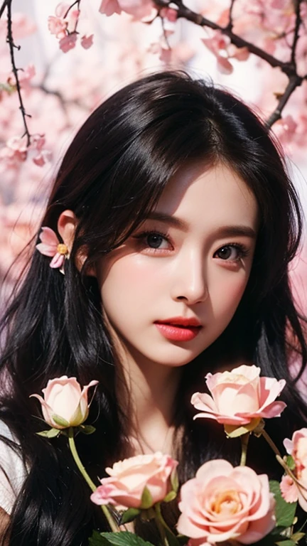 stunning beauty, Aesthetic, Oil painting style, thick coating, Women with incomparable style, Exquisite facial makeup, Black hair, long hair and waist, long eyelashes, Dark brown pupil eyes, exquisite nose, Lip balm, Inseparable strands, Beautiful posture, Graceful curves, Plump ideal type, Super special exaggerated huge breast weight, Bold, Elegant, Extravagant artistic acts, romanticism, (Fractal Art), Vibrant colors, Sunny glare smooth skin, Professional photo close-ups, Brutalist design, Explore Victoria's Secret, blush, flower petals, Vivid colors, The most beautiful chaotic shapes, Colorful, Colorful and magnificent, From above, from the front side