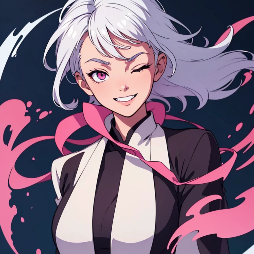 short white hair, highres, high resolution, masterpiece, wide dark pink eyes, looking right, looking towards the right, looking rightward, head looking down, facing down, looking straight down, looking seriously down, looking into camera, head tilting down, head facing down, talking, grinning, confident, masterpiece, best quality, highres, 1 man, Gojo Satoru jujutsu kaisen, wavy hair, white hair, medium short hair, teenager, colorful hair, light background, full body, teenager, colorful parts, symbols, dark , bold, realistic mixing dark lines and loose lines, bold lines, on paper, human man, full body, imposing pose, stylish outfit, dark theme, beautiful, pretty, modest, standing, male, sharp chin, high cheekbones, white background, highres, high resolution, masterpiece, winking, one eye closed, grinning, huge smile, happy mouth open, talking, speaking, yelling, winking, one eye closed, light shadows on side of face