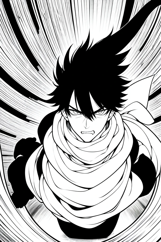 gege akutami manga art style, cool shading, sharp lineart, badass pose, white fluffy messy hair, boy, black and white, staring at viewer, messy clothing, male, scarf over mouth, itadori yuji, evil stare, boy, male