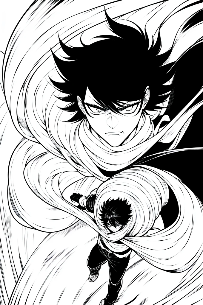 gege akutami manga art style, cool shading, sharp lineart, badass pose, white fluffy messy hair, boy, black and white, staring at viewer, messy clothing, male, scarf over mouth, itadori yuji, evil stare, boy, male