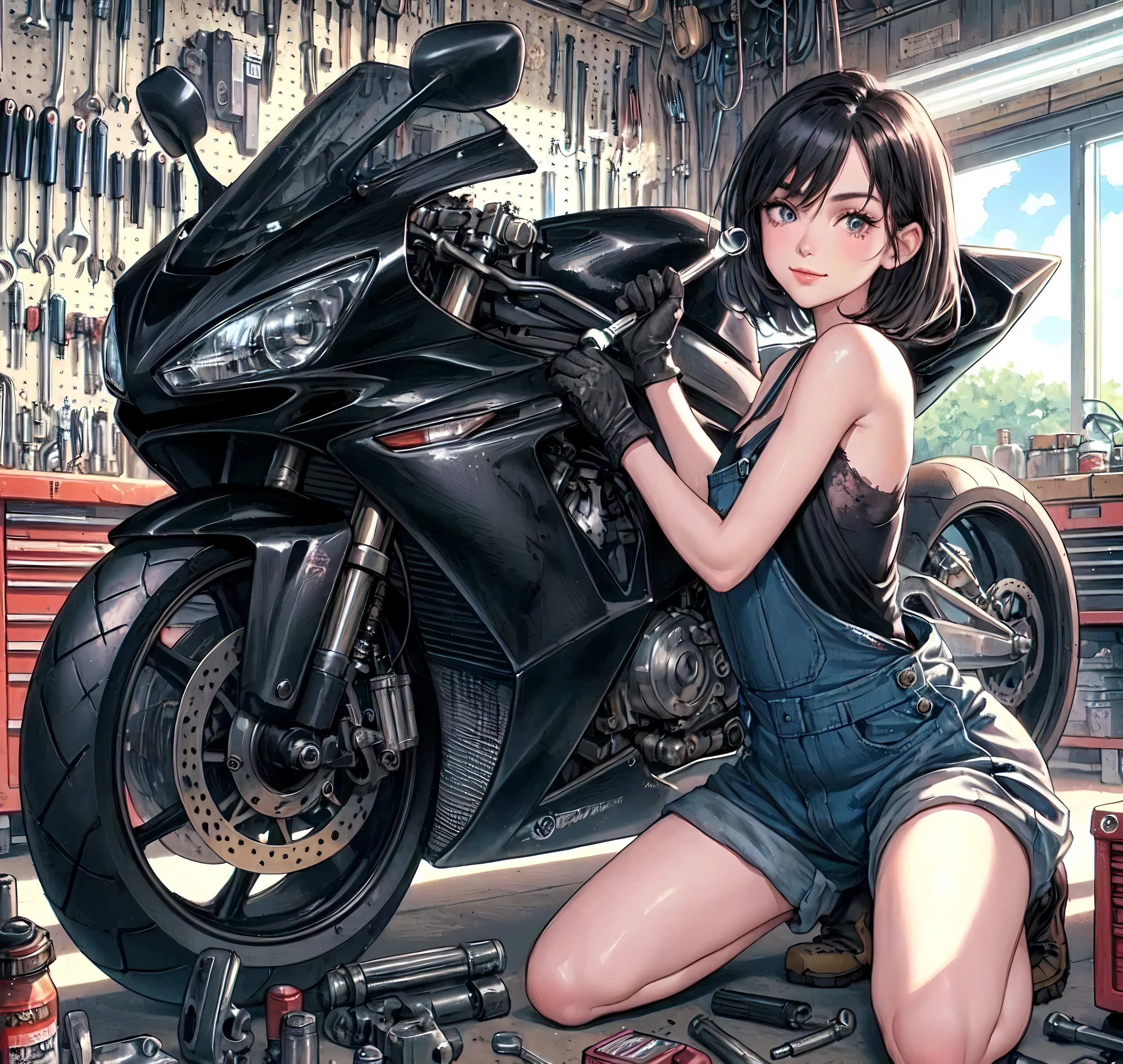 1lady solo, (squatting by motorcycle) (one knee on the ground), mechanic, (black tank top), ((overalls loosely worn) with the sleeves tied around waist), (mature female:0.8), /(black hair/) bangs, light smile, (oil smudges on cheeks:1.1), (masterpiece best quality:1.2) delicate illustration ultra-detailed, large breasts, (holding spanner, wrench), glove BREAK (garage) indoors, (sporty motorcycle:1.1), various tools and parts, detailed background