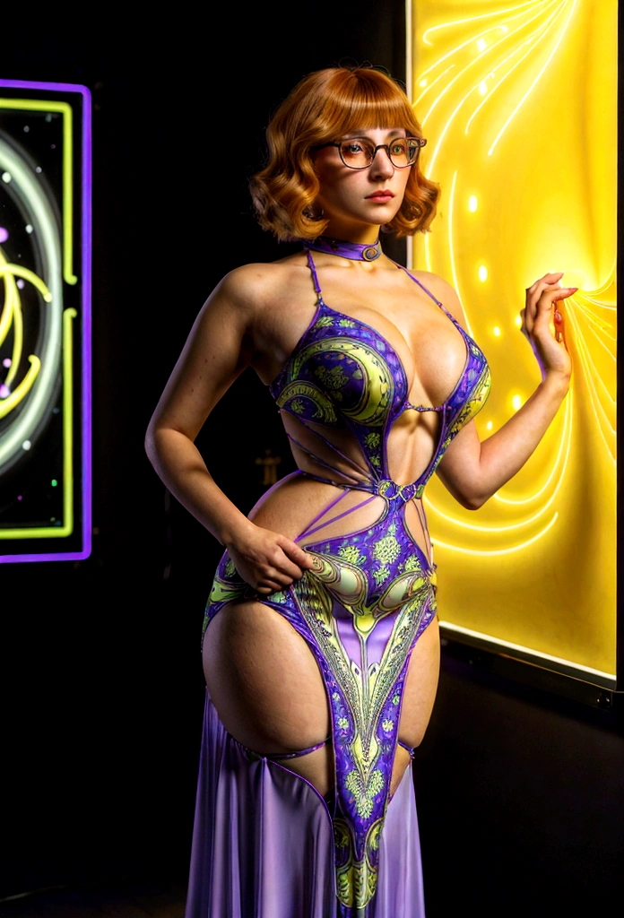 Photograph of a well dressed female aroused hyperrealist by David Hockney and Alphonse Mucha, photorealistic, dynamic lighting, art station, poster, volumetric lighting, highly detailed face, 4k, award-winning, 1 woman, darkness, deep shadows, low key, portrait, bob hair, yellow and Purple mixed hair, glasses, , looking straight at the viewer, (fractal pattern in the background:1.2), Beautiful Evening Dress, neon lights, shibari